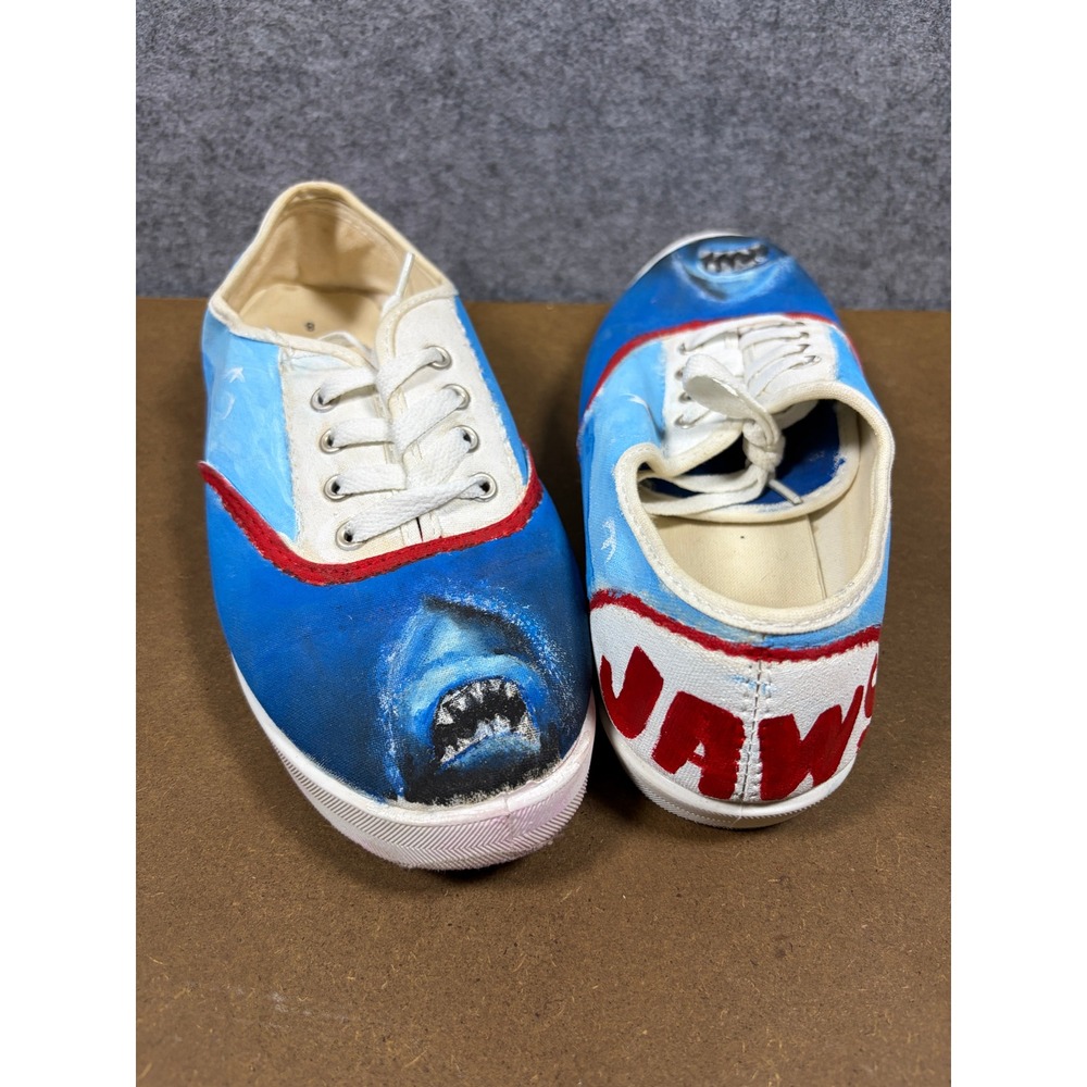 Custom Painted Jaws Movie Theme Canvas Sneakers Blue Shark Art Shoes Womens 8